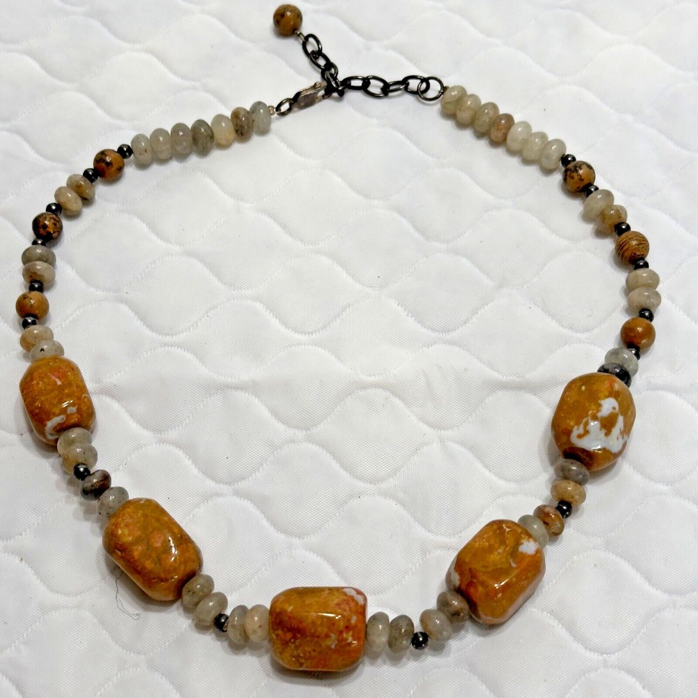 Vintage 925 Sterling Clasp Natural Quartz Gemstone Bead Necklace 17.5"+2" Orange